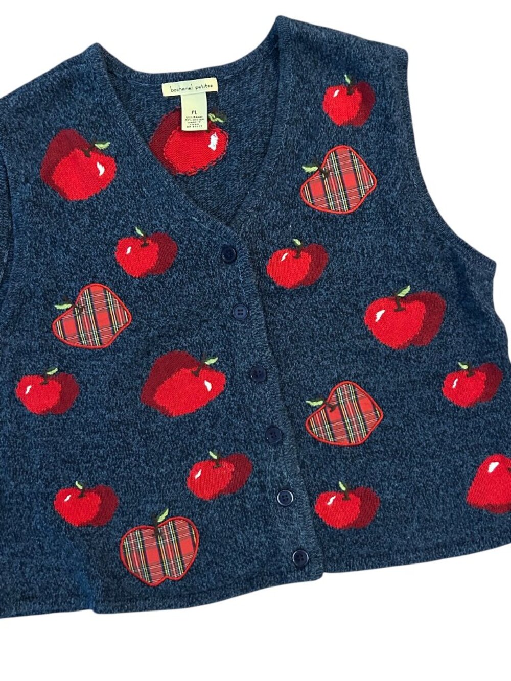 Vintage  90s Apple Theme Bechamel Knit SweaterVest Size Petite Large Embroidered